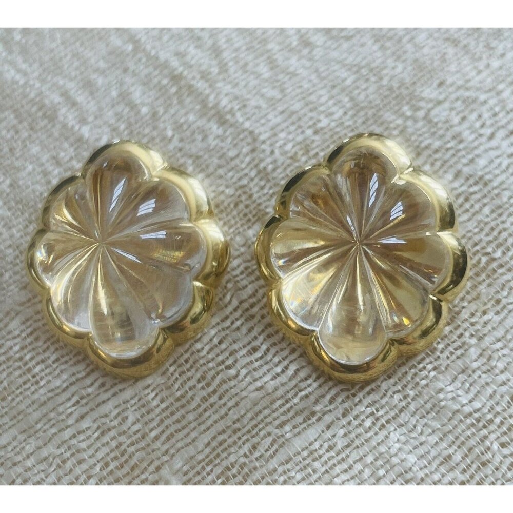 Designer Kenneth Lane Domed Gold Tone Trim Clear Clip  Earrings Estate Jewelry